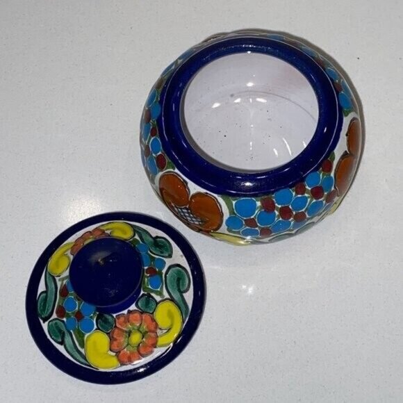 Small Trinket Dish Bowl with Lid Colourful Mexican Clay Glazed Pottery Signed - Picture 4 of 5